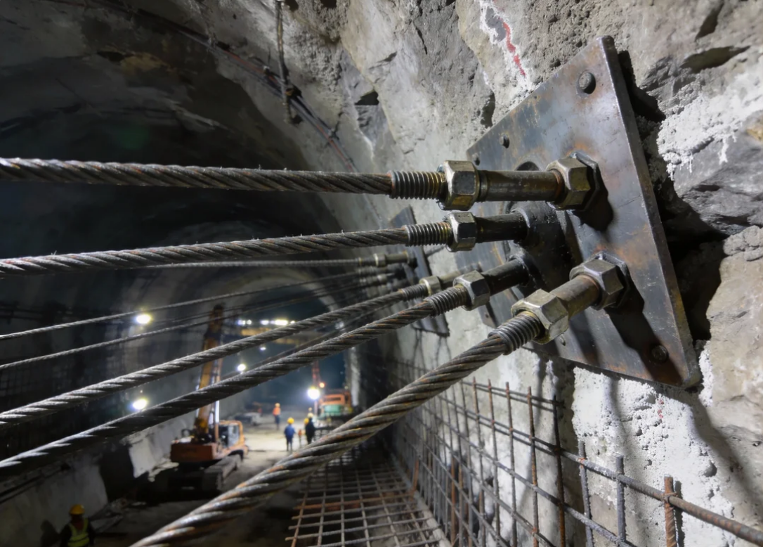 展示深基坑中，华筑天下工人锚索与支护结构结合的复杂体系