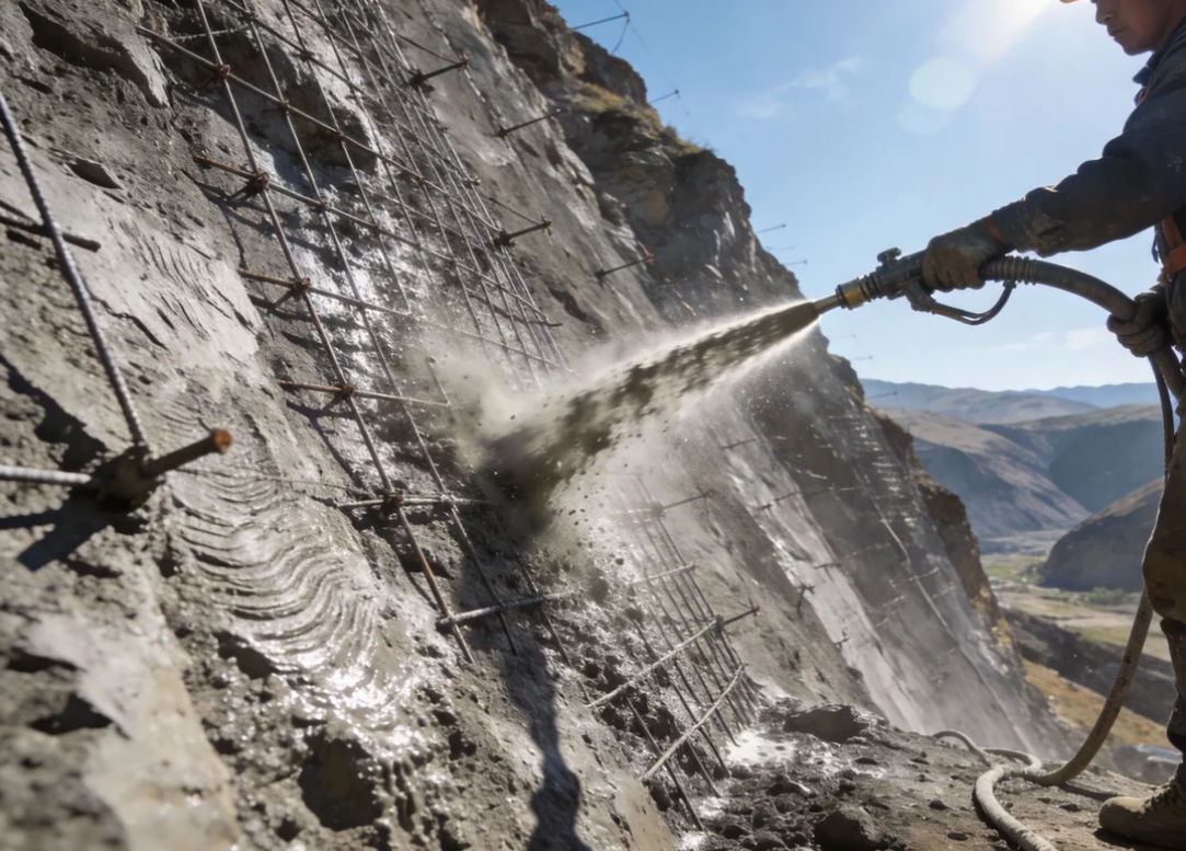 展现华筑天下建筑工人手持喷枪，在边坡上进行喷射混凝土作业的动态场景