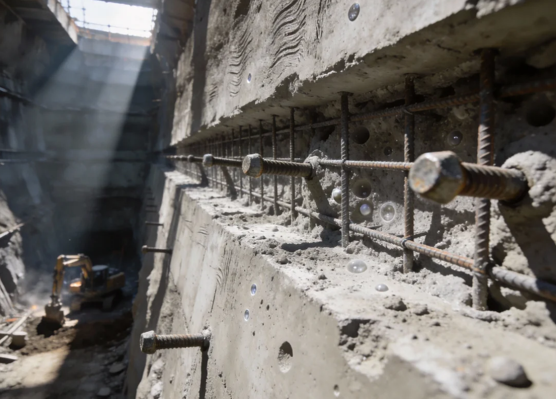 特写华筑建筑工程基坑壁上，喷射混凝土、钢筋网与锚杆结合的坚固支护体系