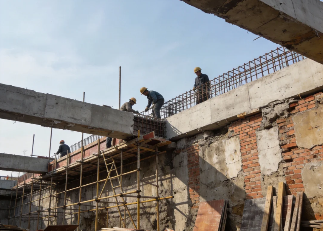 体现华筑天下建筑工程对既有建筑基坑进行加固，新增冠梁的施工场景