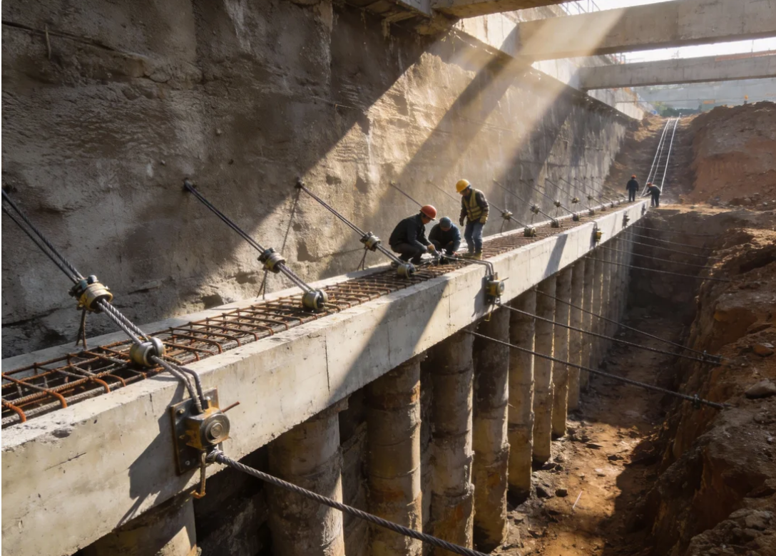 华筑天下建筑工人正在腰梁施工