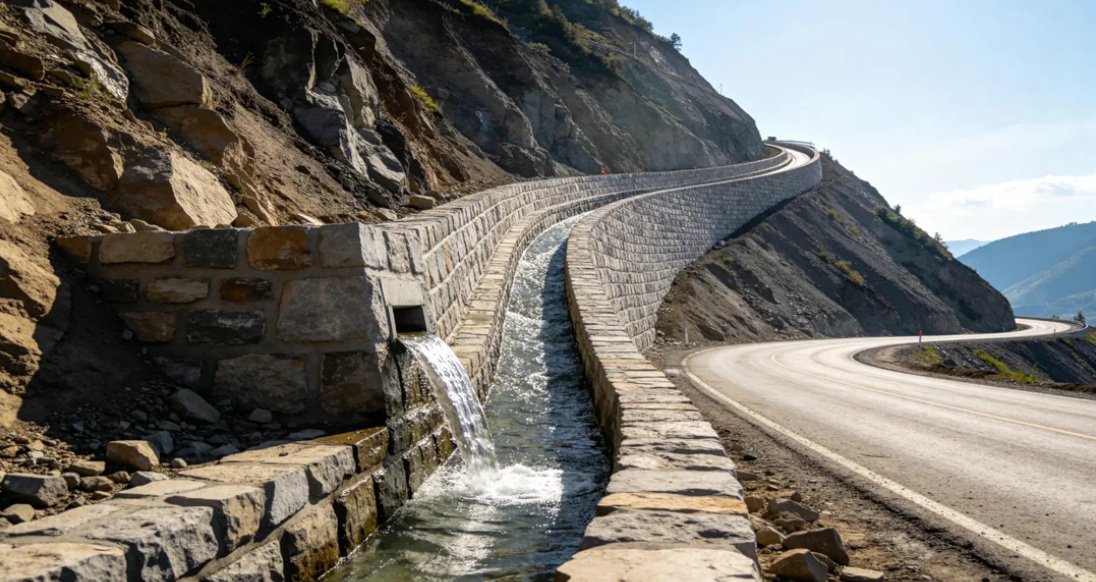 展现了华筑天下建筑工程有限公司具有公路边坡顶部浆砌石截水沟的稳固结构和排水功能，极具视觉冲击力